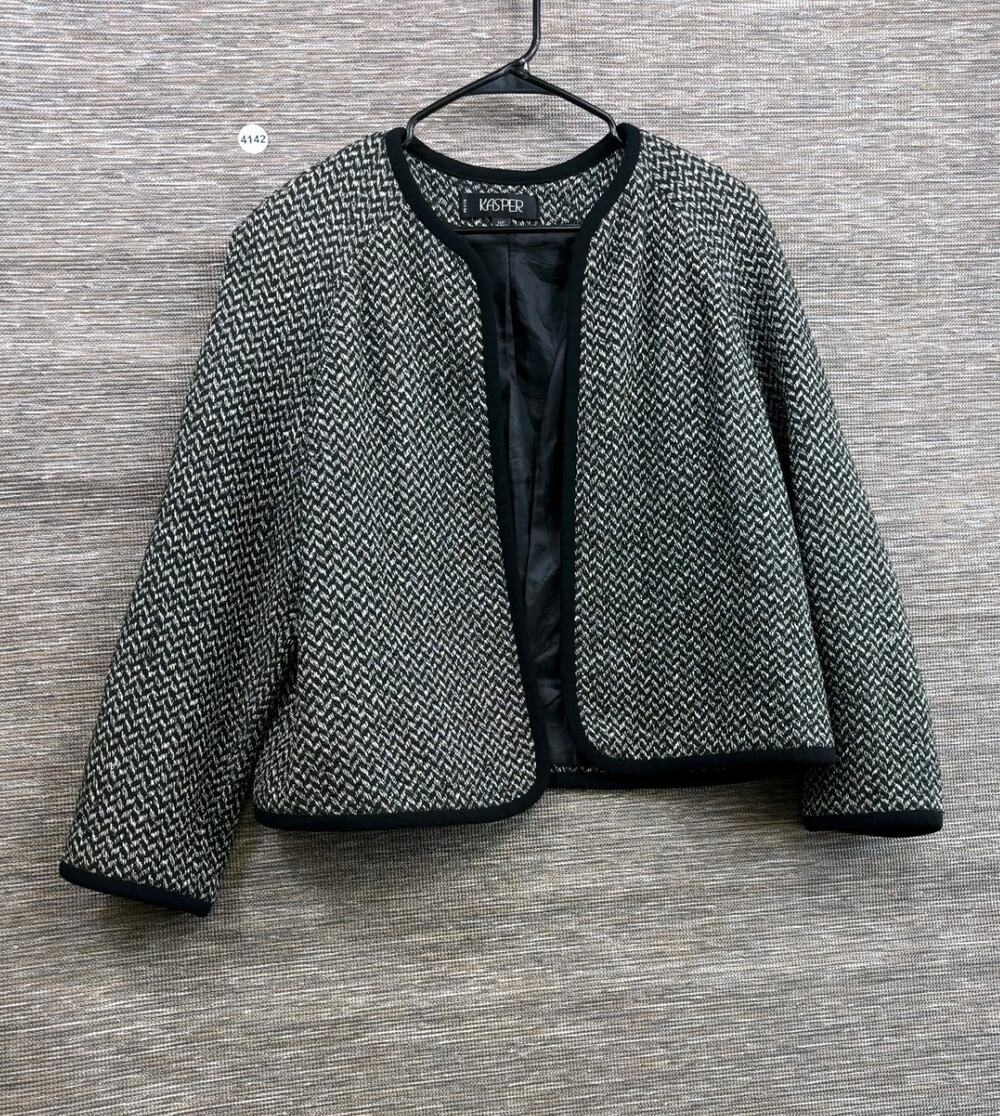 Kasper Open Front Blazer Jacket Womens Size 16P Black White Herringbone Casual